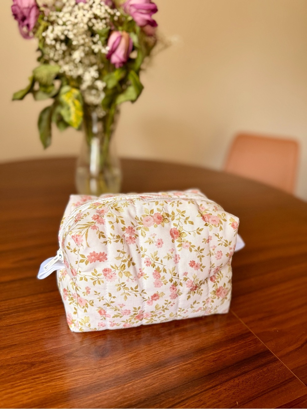 Quilted Floral Cosmetic Bag in Pink and Cream